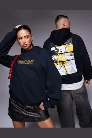 ASOS Sudadera negra unisex de corte cuadrado extragrande con capucha y estampados de Pokémon de