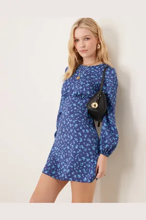 New Look Vestido corto azul de manga larga con estampado floral de satén de