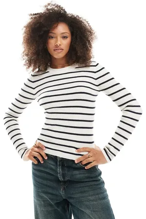ONLY Top a rayas azul marino de manga larga con cuello redondo de punto de -Neutro