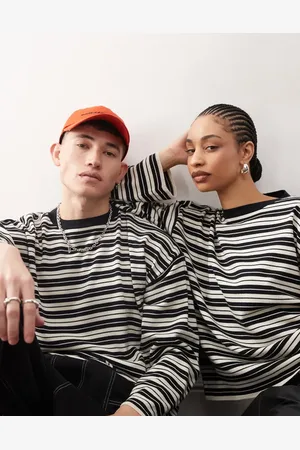 COLLUSION Jersey color crudo y azul a rayas con cuello subido de Unisex