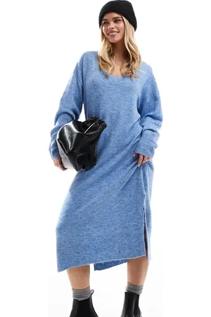 VERO MODA Vestido largo azul jaspeado extragrande con cuello de pico de punto de