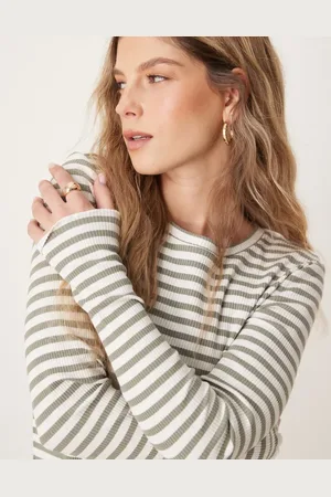 SELECTED Camiseta blanca y verde a rayas de manga larga de canalé de Femme