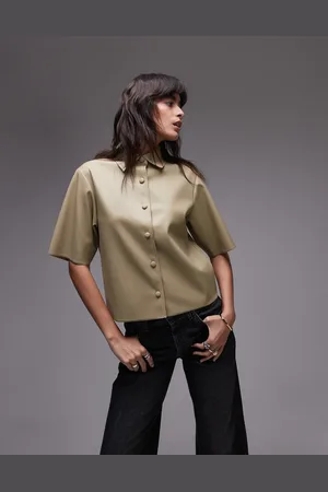 Topshop Camisa color de manga corta de cuero sintético de -Verde