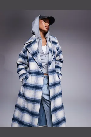 River Island Abrigo a cuadros azules con cinturón de tejido efecto lana de