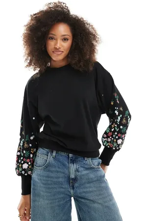 ONLY Jersey con cuello redondo y detalle de flores en las mangas de