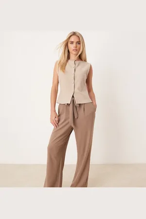 VILA Pantalones marrón fósil de pernera ancha con lazada en la cintura de