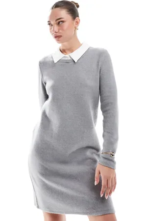 VERO MODA Vestido corto gris medio jaspeado 2 en 1 con solapas de punto de