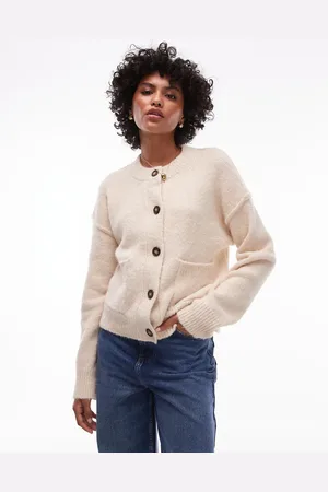 Topshop Cárdigan color holgado con cuello redondo, bolsillos y costuras a la vista de punto de -Blanco