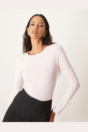 Gina Tricot Top de manga larga con cuello redondo de punto liso suave de