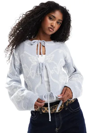 ASOS Cárdigan azul estampado con lazada delantera de punto de