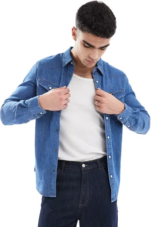 Wrangler Camisa vaquera azul de estilo wéstern con lavado medio de