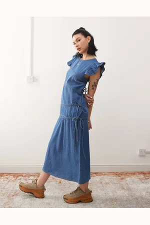 Reclaimed Vestido vaquero largo con diseño fruncido asimétrico de