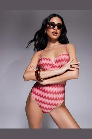South Beach Bañador con aros, estampado de chevrón y acabado de purpurina de