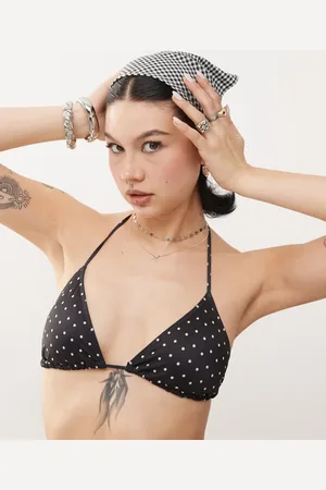 Monki Top de bikini negro triangular con diseño anudado y estampado de lunares blancos Mix & Match de