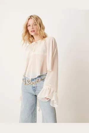 ASOS Blusa color de estilo boho con puños fruncidos voluminosos de chifón de -Blanco