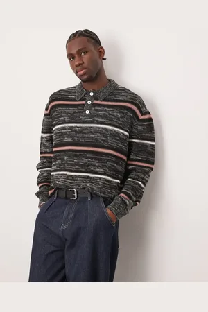 ASOS Polo gris jaspeado a rayas extragrande de punto de