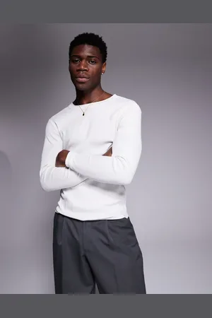 ASOS Camiseta color crema ajustada de manga larga y corte cuadrado de canalé de -Blanco