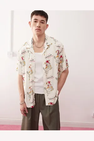 Wrangler Camisa blanco holgada de manga corta y estilo resort con estampado de rodeo de sarga de
