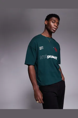ASOS Camiseta verde oscuro de corte cuadrado extragrande con estampado gráfico deportivo de