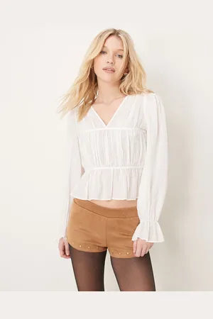 Gina Tricot Blusa blanca amplia y fruncida con lazada delantera de