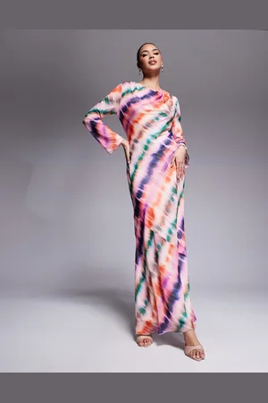 DASKA Vestido largo rosa con estampado de rayas abstractas y cuello desbocado de chifón de