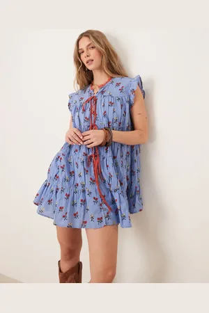 Free People Vestido corto azul amplio con estampado de florecitas Sundown de