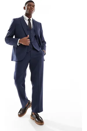 ASOS Pantalones de traje azules de corte recto con patrón de espiga de mezcla de lana de -Azul marino