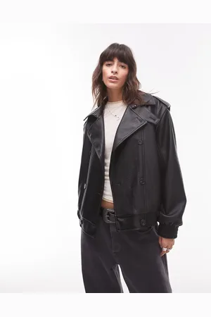 Topshop Chaqueta bomber negra etilo gabardina extragrande de cuero sintético granulado de