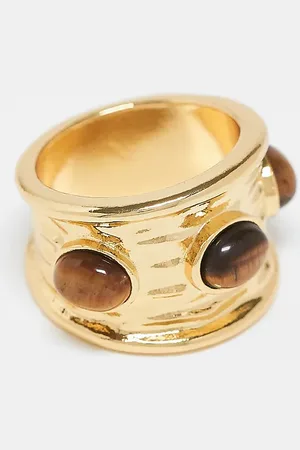 ASOS Anillo chapado en oro de 14 quilates con diseño de piedras semipreciosas de ojo de tigre auténtico de ASOS DESIGN Curve