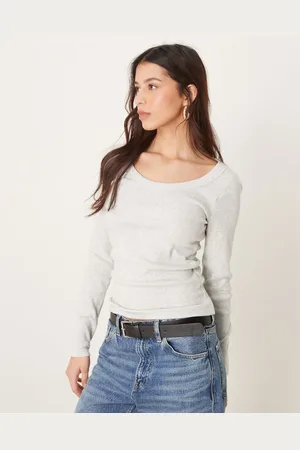 Abercrombie & Fitch Top claro de manga larga con cuello ancho de canalé de
