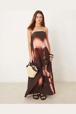 ASOS Vestido largo con escote palabra de honor y estampado floral de cupro de -Rojo
