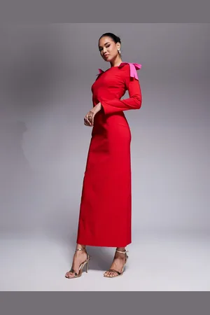 DASKA Vestido largo rojo con lazos rosas en los hombros de -Multicolor