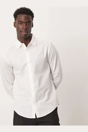 ASOS Camisa de vestir blanca de corte estándar y cuello de puntas redondas de mezcla de lino de