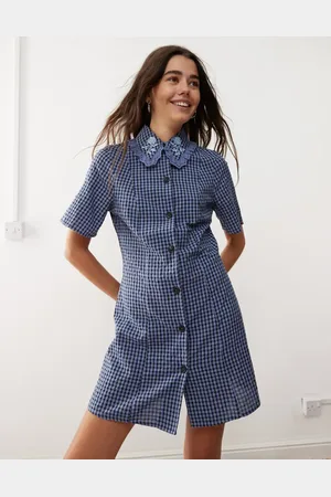 Reclaimed Vestido camisero corto azul a cuadros de
