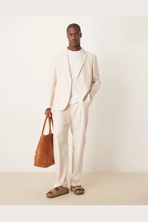 ASOS Pantalones de traje color de corte recto con cinturilla elástica de sarga de mezcla de algodón y lino de -Neutro
