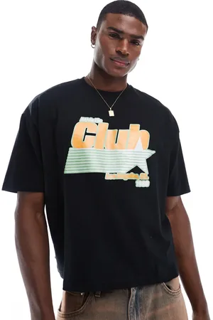 ASOS Camiseta negra de corte cuadrado extragrande con estampado gráfico deportivo con purpurina de