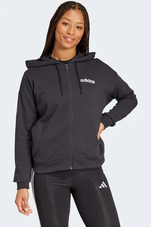 adidas Sudadera negra y blanca con capucha, cremallera y logo lineal de felpa de rizo Essentials de adidas-Negro