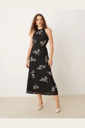 ASOS Vestido midi con bordado floral, abertura en la espalda y cuello halter de