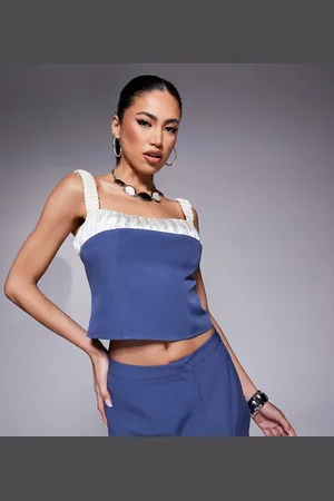 Kaiia Top azul con detalle de tirantes fruncidos en contraste de satén exclusivo de (parte de un conjunto)-Gris