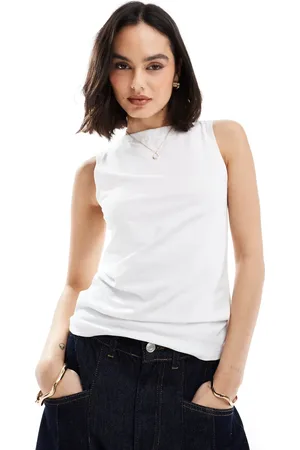 VERO MODA Top blanco sin mangas con cuello barco de punto liso de