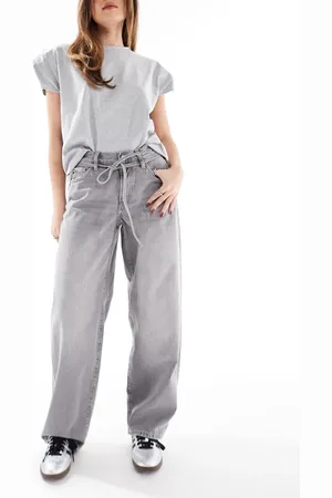 ONLY Vaqueros gris lavado holgados de talle medio con lazada en la cintura Gianna de