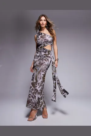 ASOS Vestido midi asimétrico con estampado de ondas abstracto y detalles anudados largos de malla de -Multicolor