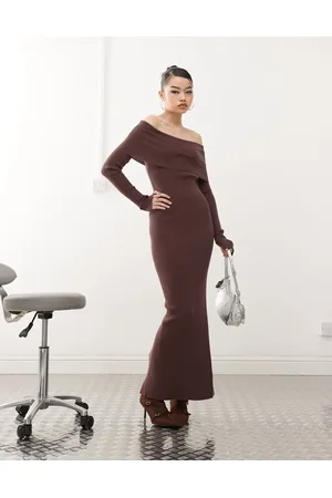 Princess Polly Vestido largo ajustado con escote Bardot plegado ancho de punto de