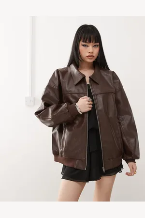 Princess Polly Chaqueta bomber marrón lavado extragrande de tejido efecto cuero de