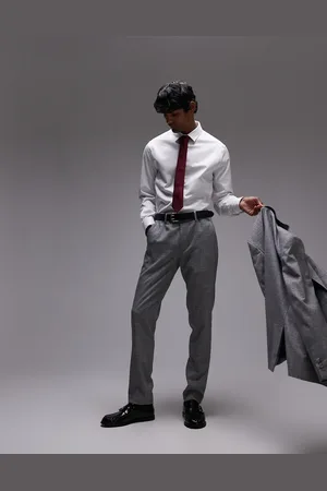 Topman Pantalones de traje grises de corte pitillo con acabado texturizado de