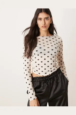 ASOS Top color entallado de manga larga con estampado de lunares de malla de -Blanco