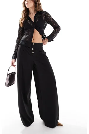 ASOS Pantalones de sastre negros de pernera ancha y talle alto con ribetes de