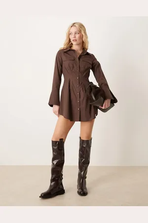 ASOS Vestido camisero corto marrón chocolate oscuro de manga larga de popelina de