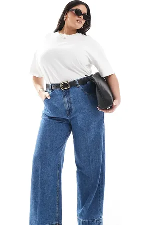 ASOS Vaqueros oscuro de pernera ancha con detalle de pliegue en la parte delantera de ASOS DESIGN Curve