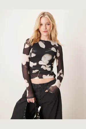 New Look Top negro estampado de manga larga con lateral fruncido de malla de